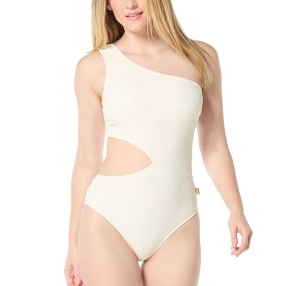 NWT MICHAEL Michael Kors One Piece Swimsuit Sz 8 Ivory One-Shoulder Side-Cutout - Picture 1 of 11